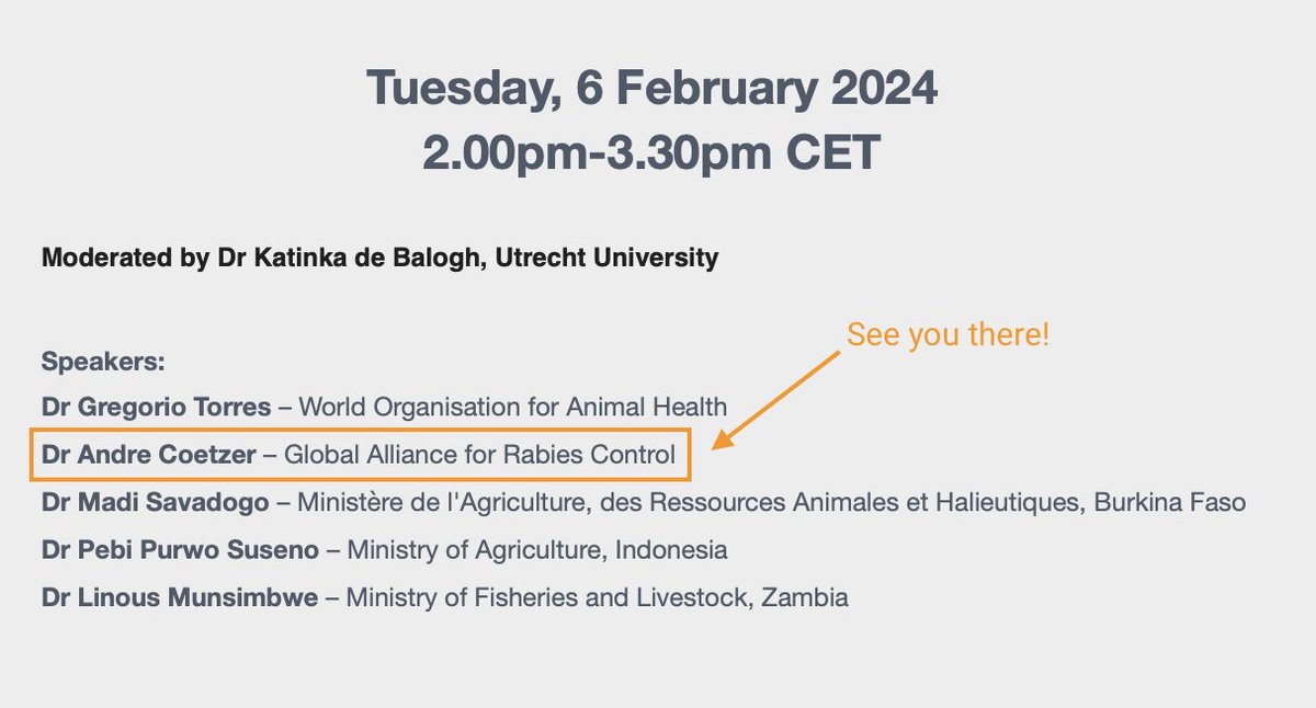 #UnitedAgainstRabies Webinar --> Developing a National Strategic Plan for #Rabies Control - 💡don't miss it!
📆 Tuesday 6th February
⏰ 2pm-3.30pm CET
📍Zoom meeting - register with the link below
hubs.ly/Q02hYJKp0
#EndRabiesNow #NTDs #Surveillance #ZeroBy30 #webinar