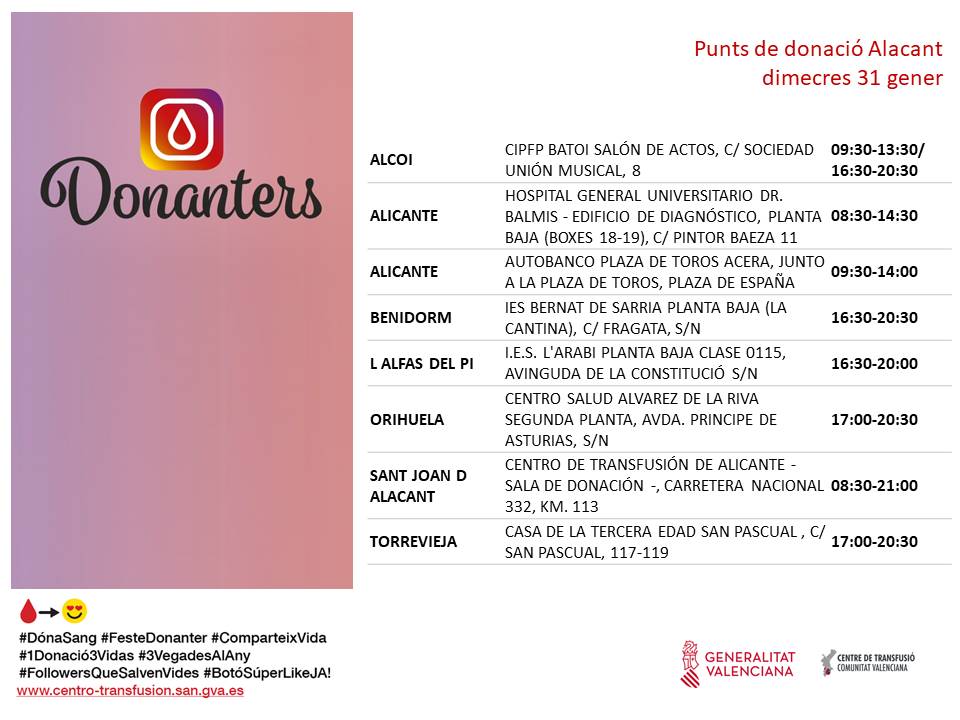 GVAdonasang's tweet photo. Punts de donació #Alacant
📅dimecres #31gener
Cada dia els nostres hospitals necessiten sang. La teua generositat permet que els malalts puguen rebre el seu tractament.
#DonaSang #FesteDonanter #ComparteixVida🩸 https://t.co/rbaho7pXbc