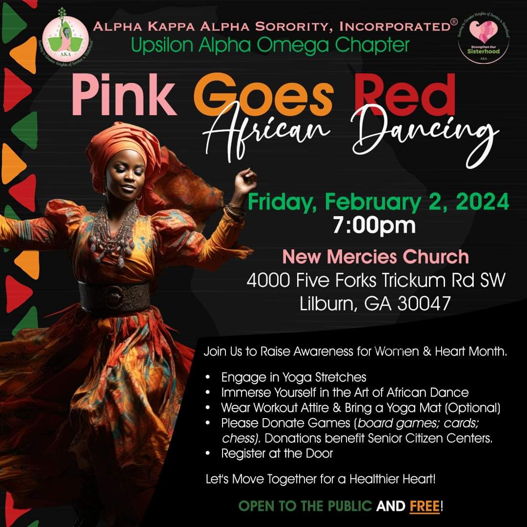 AKAinGwinnett's tweet photo. Please join us for โPink Goes Red for Heart Health" this Friday. During this event you will engage in yoga stretches & immerse yourself in the art of African Dance. This event is FREE & OPEN TO THE PUBLIC. Donations appreciated #ElevateUAO #uaocelebrates30 #PinkGoesRed #TUNEInSAR https://t.co/9GSntWQJz7