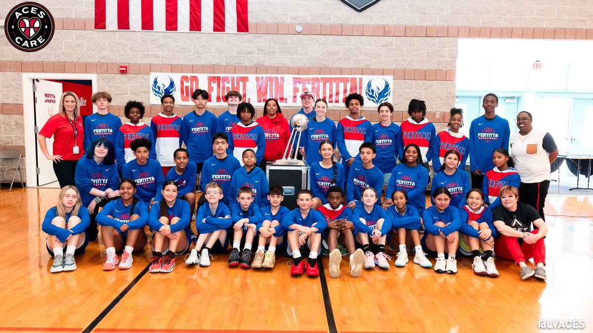 LVAces's tweet photo. It's not everyday you get to see the @WNBA 🏆 and touch a @usabasketball Olympic 🥇

@JenniferAzzi and members of the Aces Front Office joined the staff and student-athletes of the Victoria Fertitta Middle School boys and girls basketball teams to host a youth basketball clinic.

#AcesCare
