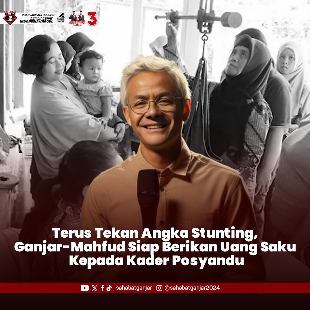 Upaya terus dilakukan pasangan Ganjar-Mahfud untuk menekan angka stunting di Indonesia.

Dalam program kerja unggulannya, upaya tersebut dilakukan melalui pemberian uang saku kepada para kader posyandu yang bertugas.