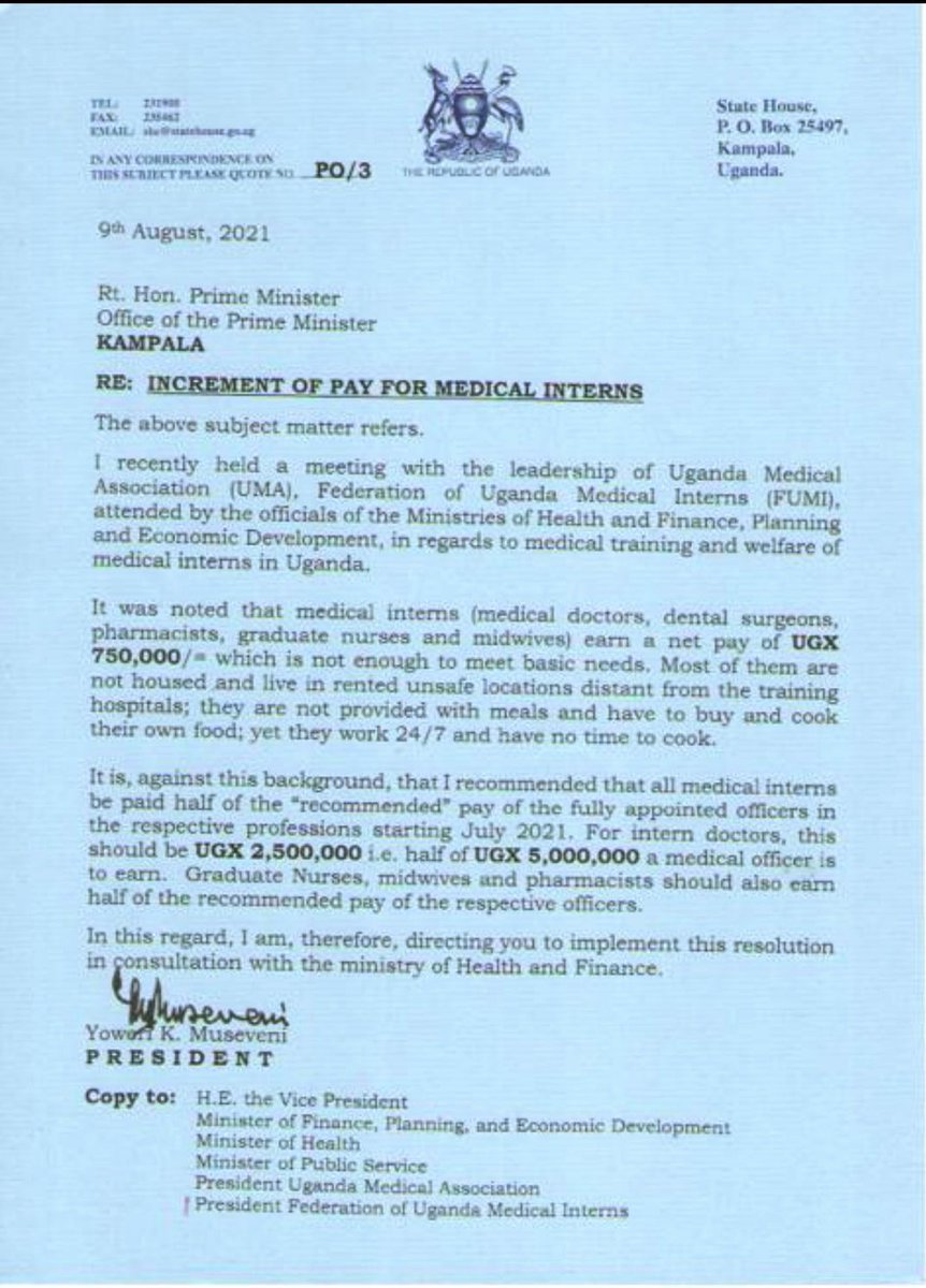 BillAdrati's tweet photo. This is the cause medical interns are currently on. Decent living in the line of duty! 
The president @KagutaMuseveni recognized this and directed through PO/03 of 9.8.2021 and @MinofHealthUG breached it and working conditions have become tough. @ainbyoo @DianaAtwine https://t.co/r0OxVIj2lv