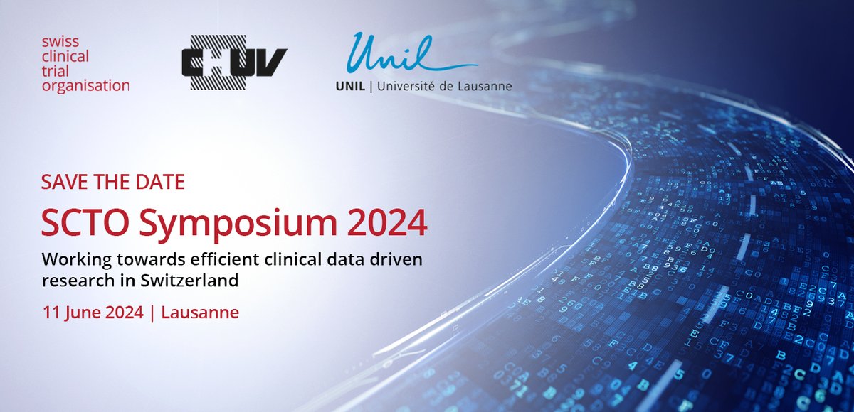Swiss Clinical Trial Organisation (SCTO) (@swissclintrial) on Twitter photo The SCTO Symposium 2024 will take place in Lausanne on 11 June 2024.
Together with the CRC Lausanne (<a href="/CHUVLausanne/">CHUV /Â Centre hospitalier universitaire vaudois</a> ) we are holding this yearâs symposium on the topic of Working towards efficient clinical data driven research in Switzerland.
Make sure to mark your calendar! The SCTO Symposium 2024 will take place in Lausanne on 11 June 2024.
Together with the CRC Lausanne (<a href="/CHUVLausanne/">CHUV /Â Centre hospitalier universitaire vaudois</a> ) we are holding this yearâs symposium on the topic of Working towards efficient clinical data driven research in Switzerland.
Make sure to mark your calendar!