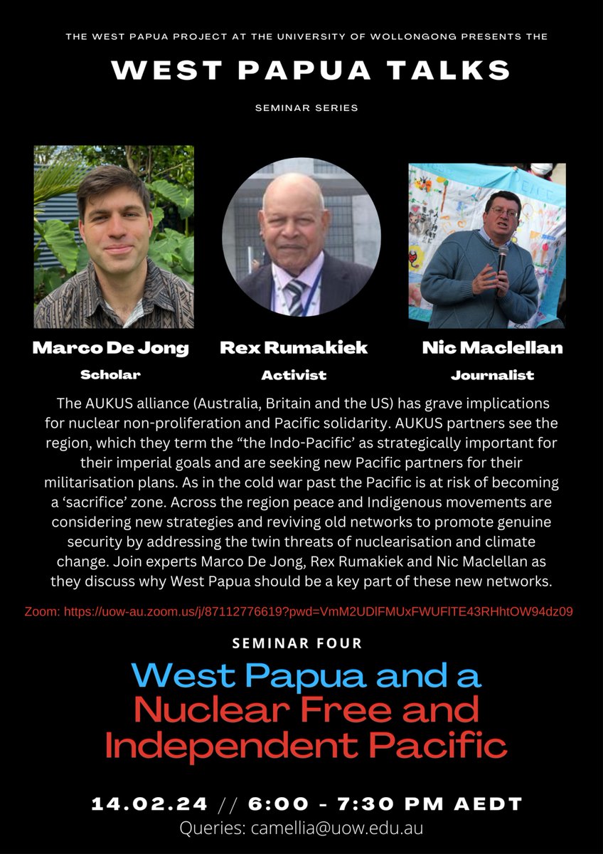 Co-director @MHdeJong will be speaking at this seminar by @UOW's West Papua Project on 14 Feb! Marco, Rex Rumakiek & Nic Maclellan, will discuss why West Papua should be a key part of new networks for genuine security in the Pacific. Zoom: tinyurl.com/westpapuatalks #PapuaMerdeka
