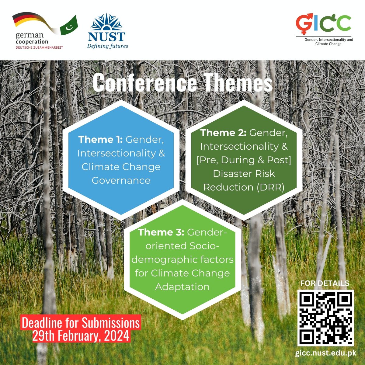 Our #conference themes are designed to embrace the power of #diversity and #innovation! Submit your abstracts in one of the key thematic area and be a part of conversation shaping a #resilientfuture. #GenderInClimate #GICC
Submissions at: gicc.nust.edu.pk