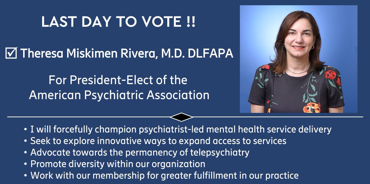 I want to thank the members of the @APApsychiatric for your interest, engagement, and participation in this election. Today is the last day to cast your vote. Every vote counts!! Vote here: psychiatry.org/membership/awa… DrMiskimen.com