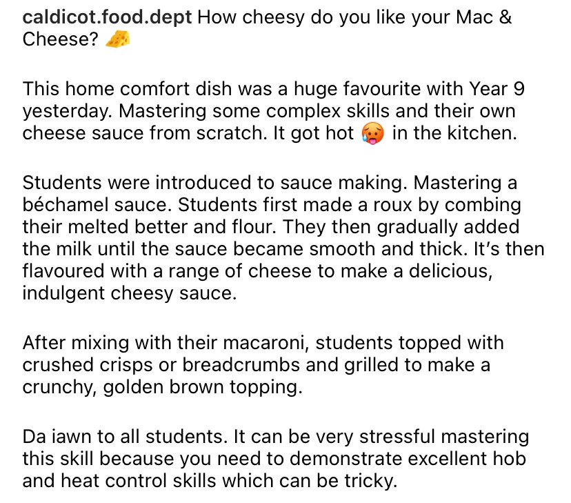Whitmore_Food's tweet photo. How cheesy do you like your Mac & Cheese? 🧀 This home comfort dish was a huge favourite with Year 9 yesterday. Mastering some complex skills and their own cheese sauce from scratch. It got hot 🥵 in the kitchen @Caldicot_Sch @FoodTCentre #FoodEdToday #FoodEd #FoodTech #DTFood https://t.co/nHApcBAQns