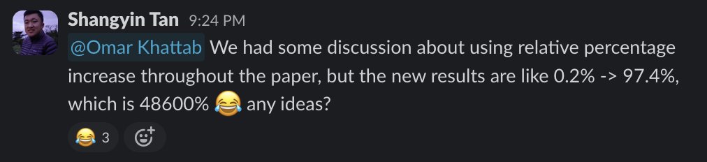 ShangyinT's tweet image. Hilarious moment while crunching a paper.

Btw, the results are about making your language model generate tweets with no #hashtags using #DSPy Assertions 😅