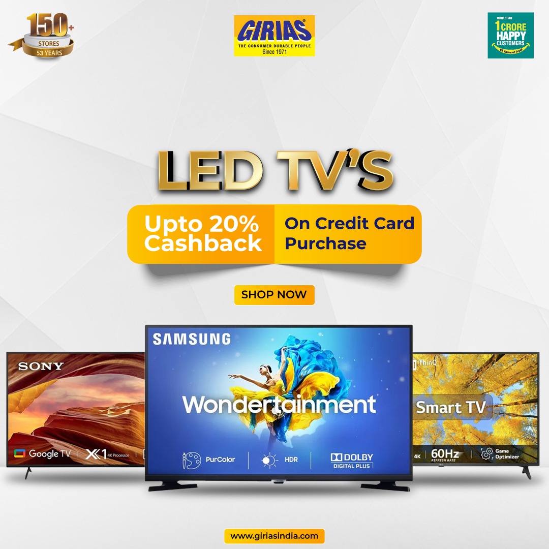 Girias_India's tweet image. 🔥 Ready, Set, Save! 

Girias brings you an exclusive offer – 20% Cashback on LED TVs when you use your credit card. 

Act fast, this deal is hotter than ever! 🔥📲 

#Girias #GiriasOffer #LEDTVs #TV #CashBackOffer #creditcardoffers