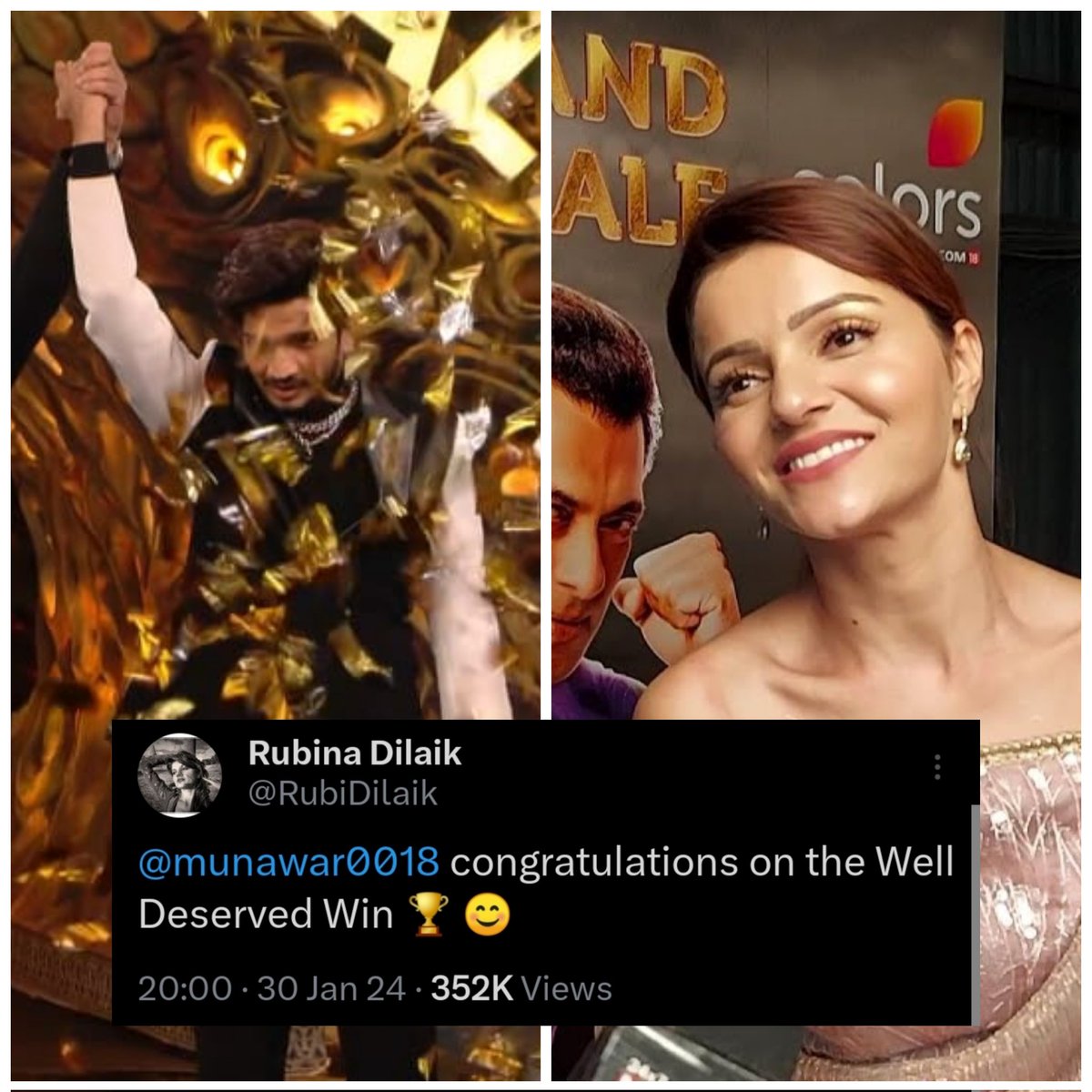 #BiggBoss14 Winner #RubinaDilaik congrats #MunawarFaruqui on winning #BiggBoss17 and she mentioned 'deserved win'