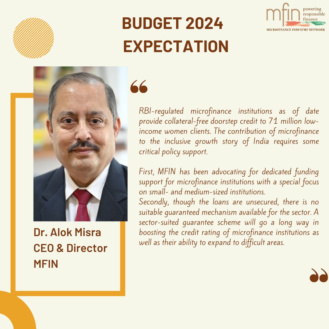 Microfinance Industry Network (MFIN) Expectation from Budget 2024.
#budget2024 #expectations #microfinance #financialinclusion #banking #mfin #inclusivefinance