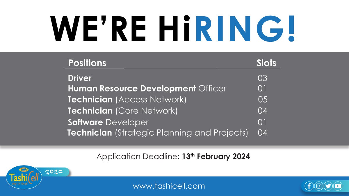 TashiCell's tweet photo. TashiCell is delighted to announce vacancy for the following post:
For more information and to apply visit the link given below.
https://t.co/eMvnwA4fSx
Note: Please be informed that applications should be submitted only through online system. https://t.co/XExWtg87ot