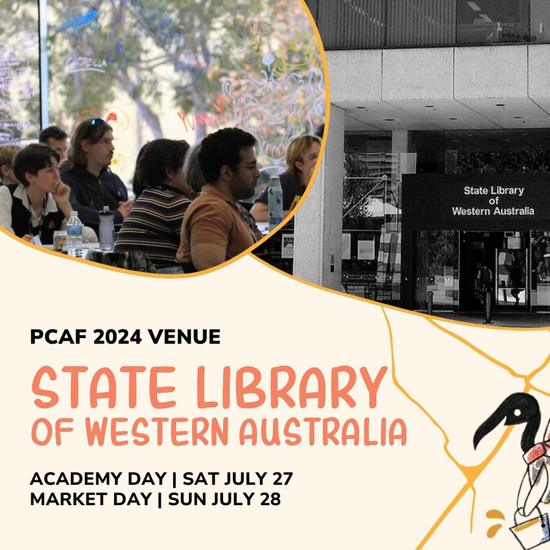 🛎️ Important Announcement! 🛎️

This year the Perth Comic Arts Festival will be taking place in the State Library of WA for both our Academy Day AND Market Day!

PCAF feels right at home surrounded by books, and we're very excited to partner with the SLWA team across both days.