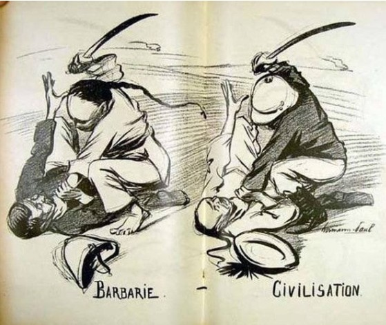 FunPolitics1's tweet photo. Barbarism vs Civilization, anti-colonial French cartoon, 1899 https://t.co/05ePZ5hRrP