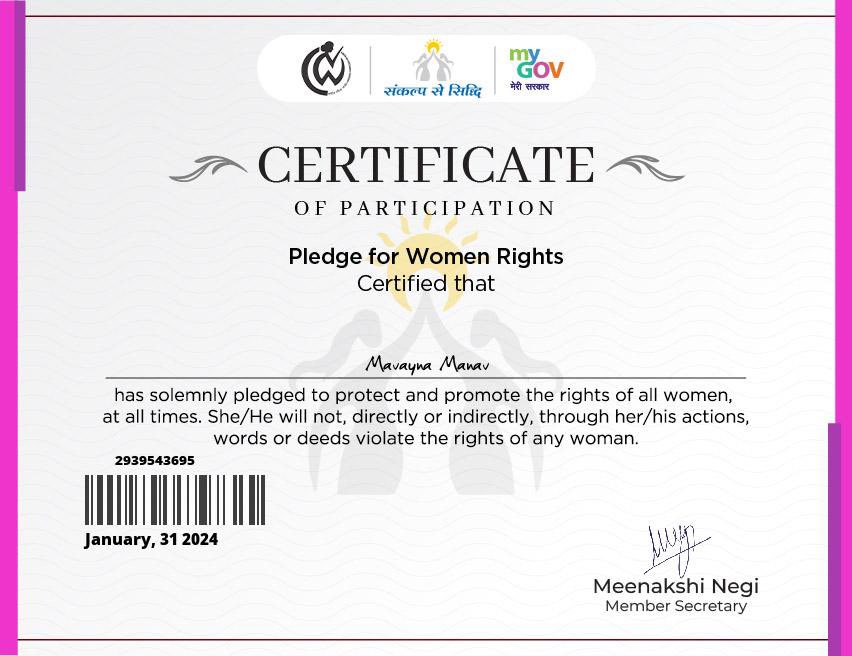 I have taken the Women Rights Pledge for Women Rights. You can also take the pledge at pledge.mygov.in/wcd-2024/ pledgeapi.mygov.in/api/v2/wcd-202… via @mygovindia @NCWIndia #WomensRights #SankalpSeSiddhi