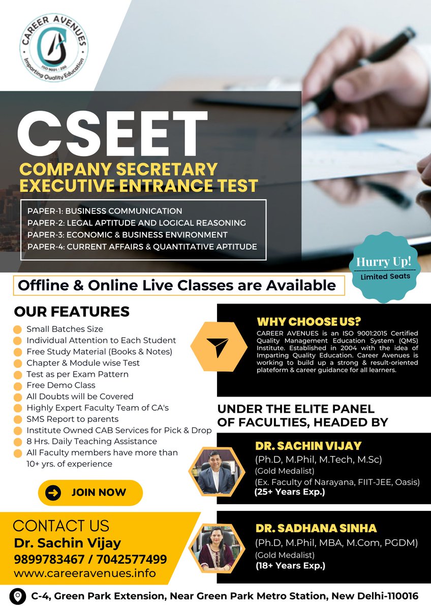 Career4Avenues's tweet image. 📚 Elevate Your CSEET Company Secretary Exam Preparation with Our Expert Coaching Classes! 📚

Unlock Your Potential and Excel as a Company Secretary with Our Comprehensive Coaching Program!

📢 Enroll Now and Transform Your Preparation!

#cseetexam #cseet #cs #companysecretary