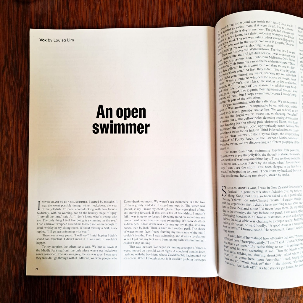 Last winter we heard Louisa Lim read 'An Open Swimmer' at our inaugural swimming salon. Lim dives into racism and community found off the Crystals through winter swimming. It's in the Summer Reading edition of The Monthly (out now)!