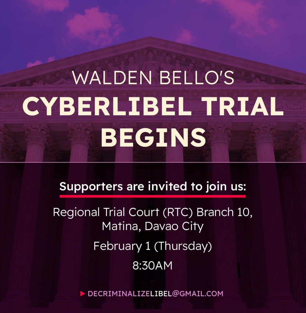 WaldenBello's tweet photo. The trial for my cyberlibel and libel cases, filed by VP Sara Duterte's Information Officer, begins tomorrow at 8:30 AM in RTC-10 Davao. We are expecting the prosecution to present witness/es.

At 1:00 PM, the legal team will hold a press conference for updates. https://t.co/9BVvSoEE2R