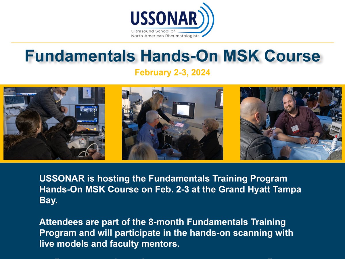 #Rheumatology fellows! See you soon at the USSONAR Fundamentals Training Program Hands-On MSK course Feb 2-3, 2024 in Tampa Florida. Looking forward to 2 days of rheum-focused sonopathology with our expert faculty #POCUS #RhMSUS #MedTwitter #rheumtwitter