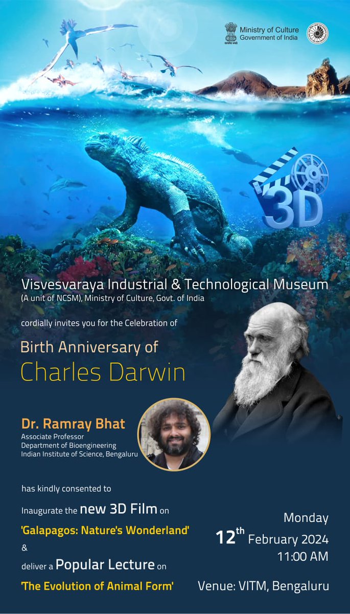 ncsmgoi's tweet photo. Invitation: #BirthAnniversary of Charles Darwin, will be commemorated at @vismuseum, a unit of @ncsmgoi, @MinOfCultureGoI, on February 12, 2024.

#CharlesDarwin #PopularLecture #3DFilm https://t.co/sUcbJA5yvo
