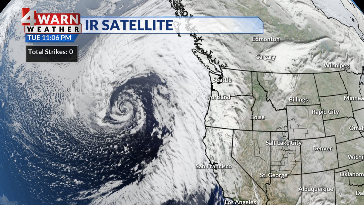 AlanaBrophyWX's tweet photo. Just a really cool view of Water Vapor imagery & satellite imagery showing the storm (mid latitude cyclone) off the Pacific NW coast that will aid in funneling an atmospheric river into California tomorrow. Remnants of the AR will impact #Utah late week.
#utwx #wow #itspretty https://t.co/3kkXDxKka4