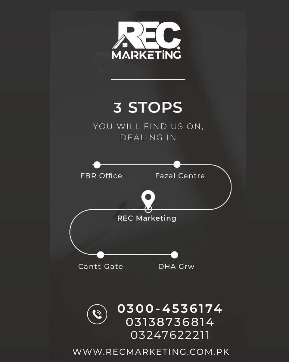 Muneebgrw's tweet photo. REC Marketing is your trusted partner in the dynamic world of Real Estate.
You Will Find Us On The 3rd Stop....
UAN: 0300 4536 174
https://t.co/iPzBNZIYzQ
Corporate Office: Rahwali Cantt, Main GT Rd Gujranwala.
#RECMARKETING #REALESTATE #GUJRANWALA https://t.co/5jLo4w7Xr8
