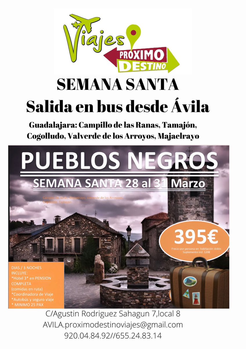 CIRCUITO SEMANA SANTA
Salida en BUS desde Ávila.
Te apetece algo diferente? 😁
“RUTA DE LOS PUEBLOS NEGROS”: sierra norte de Guadalajara.
#SemanaSanta #guadalajara #picoocejon #pueblosnegros #TuAgenciaDeViajes #avila #viajesproximodestino