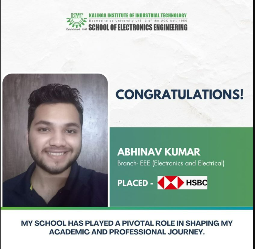 KiitSoe's tweet photo. Abhinav Kumar reiterates how the vision to impart Value-based education has helped Kiitians to Excel.
He acknowledges the role played by the School of Electronics Engineering, KIIT and thanks KIIT for its Guidance & unwavering support.
#electronicskiit #Placement2023 https://t.co/0ybaFUvEyl