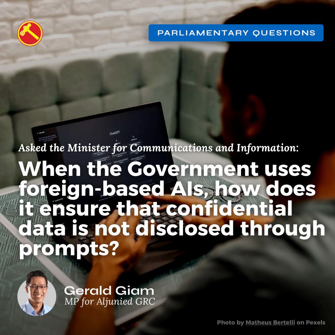 geraldgiam's tweet photo. I raised questions in Parliament regarding the government's use of large language models (LLMs) owned by private or foreign companies. Read my questions and the Minister’s responses: https://t.co/2qN7BylgKg

#ChatGPT #AI #Parliament #WorkersParty #MakingYourVoteCount https://t.co/PZkqVAcOf7