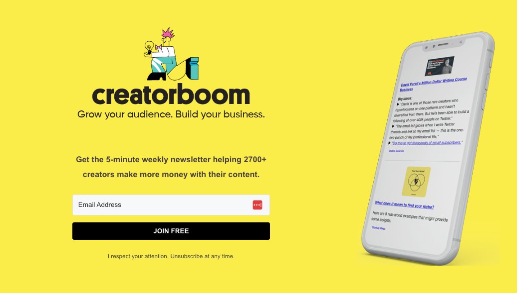 In CreatorBoom Today:

Writing Online Can Make you a Millionaire <a href="/nathanbarry/">Nathan Barry</a> <a href="/AliAbdaal/">Ali Abdaal</a> 
100k Newsletter in 13 Months <a href="/bentossell/">Ben Tossell</a> <a href="/chenellco/">Chenell Basilio</a> 
How to Launch a Local Newsletter <a href="/damn_ethan/">Ethan Brooks</a> 
37k Sub Newsletter <a href="/tricycleday/">Tricycle Day 🫠</a> <a href="/FZierer/">Francis Zierer</a>
<a href="/AlexHormozi/">Alex Hormozi</a> content repurposing <a href="/copyblogger/">copyblogger</a>