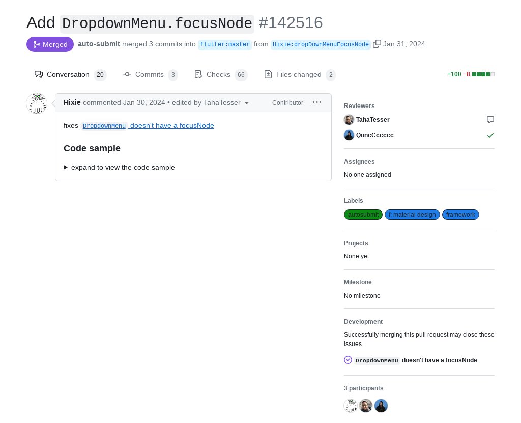 'Add `DropdownMenu.focusNode`' by Ian Hickson was merged into #Flutter master github.com/flutter/flutte…