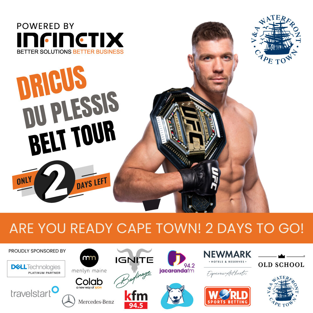 infinetix's tweet photo. Countdown Alert! ⏰ Excitement is building as we eagerly await the @dricusduplessis Belt Tour, powered by #Infinetix! 🚀 Cape Town, are you ready!!! Only 2 days left until we witness the champion's journey up close at the V&amp;A Waterfront Amphitheatre. 🏆 #DricusduPlessisBeltTour https://t.co/rALwUCUTTw