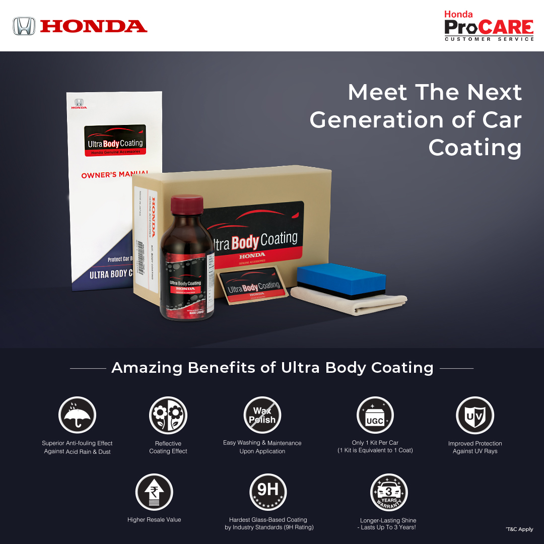 Meet the next generation of car coating Introducing, Ultra Body Coating. Enhance your Honda Car with a superior coating that not only preserves its premium, brand new look but also offers a range of incredible benefits Meet the next generation of car coating Introducing, Ultra Body Coating