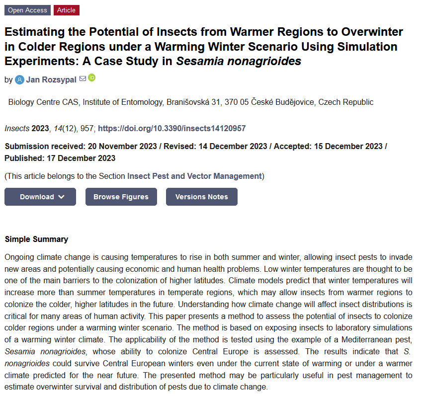 Insects_MDPI's tweet photo. #insects Paper Published
Estimating the Potential of Insects from #Warmer Regions to #Overwinter in Colder Regions under a Warming Winter Scenario Using Simulation Experiments: A Case Study in Sesamia nonagrioides
by Jan Rozsypal
📷https://t.co/7HtTy2k5hb
#climatechange #pest https://t.co/kMd948Kjv1
