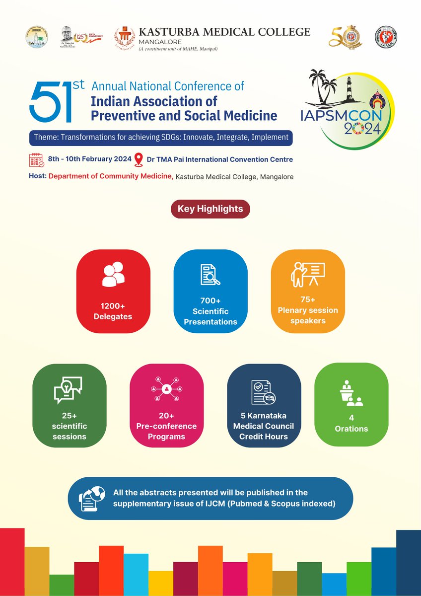 We are excited to announce the 51st Annual National Conference of the IAPSM at KMC Mangalore!

Join us from Feb 8th to 10th, 2024, for an enriching experience featuring 1200+ delegates, 700+ scientific presentations, insightful plenary sessions, and much more.