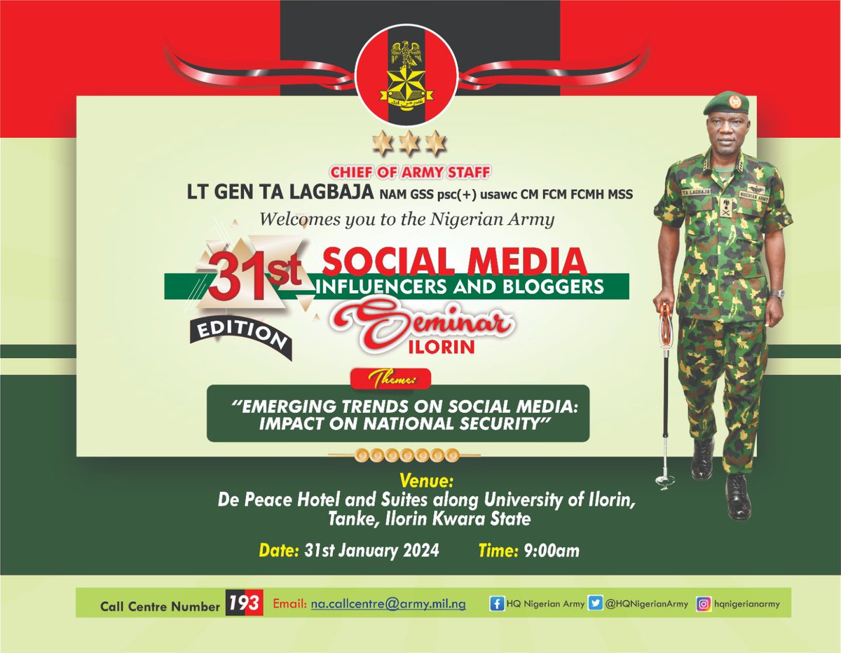 Muhammad_SolihS's tweet photo. Nigerian Army to Hold Social Media Seminar for Influencers, bloggers in Ilorin 

#NASocialMediaSeminarIlorin https://t.co/aBXaf8YMBx