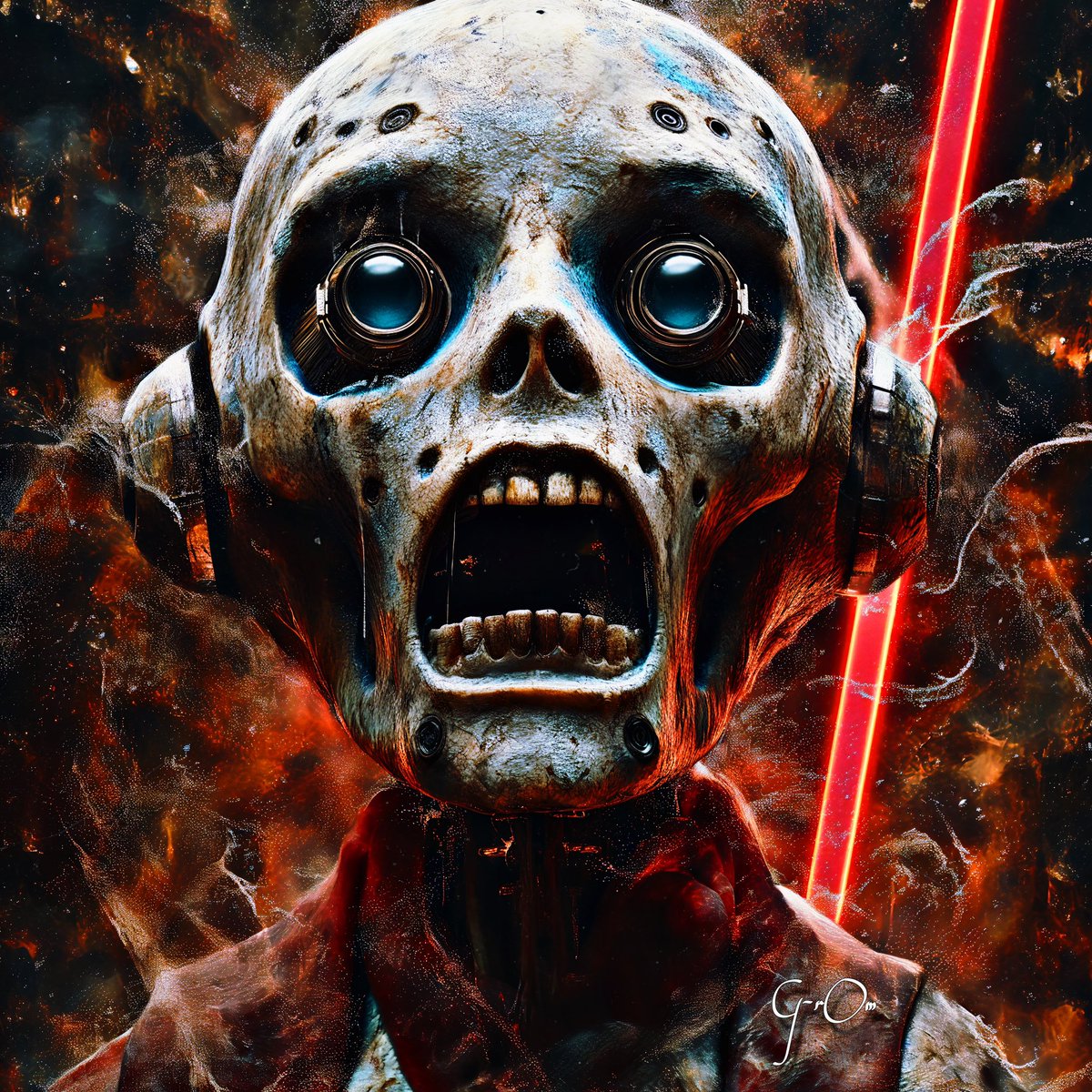 NumerikartGL's tweet photo. Eyes wide in eternal surprise,
Metal and bone under cosmic skies.
A silent scream in the void unheard,
A relic of a past, in future interred.
Image by G-rOm
#NumerikArt #DigitalSculpture #FutureRelic #EyesOfTheAbyss #EternalShock #CyberSkeleton #ArtificialAfterlife #TechNoir https://t.co/P1zSUAlcBV