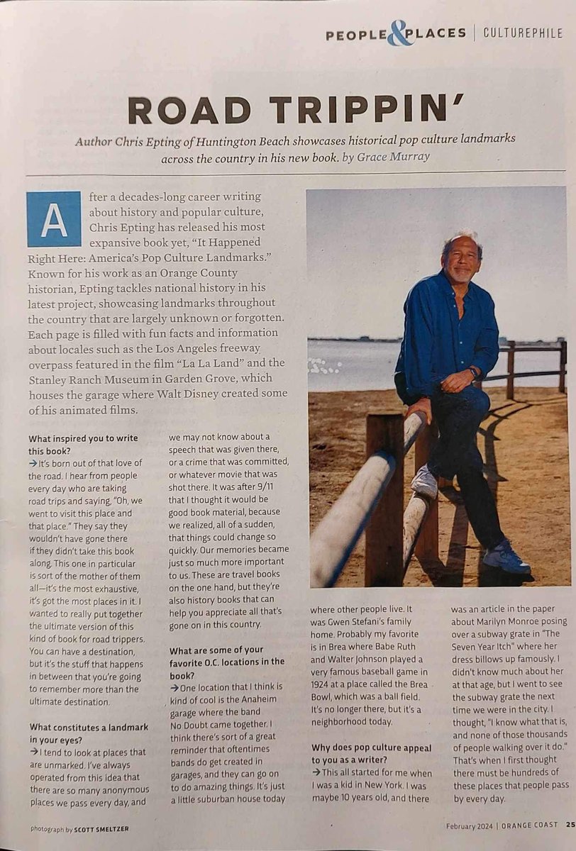 Thank you <a href="/OrangeCoastmag/">Orange Coast Magazine</a> for the nice profile of me and my latest book, “it happened right here.“. <a href="/CityofHBPIO/">City of Huntington Beach</a> <a href="/VisitCA/">Visit California</a> <a href="/TrentRushSports/">Trent Rush</a> <a href="/SantaMonicaPres/">Santa Monica Press</a> <a href="/RoadTripTV/">RoadTrip</a>