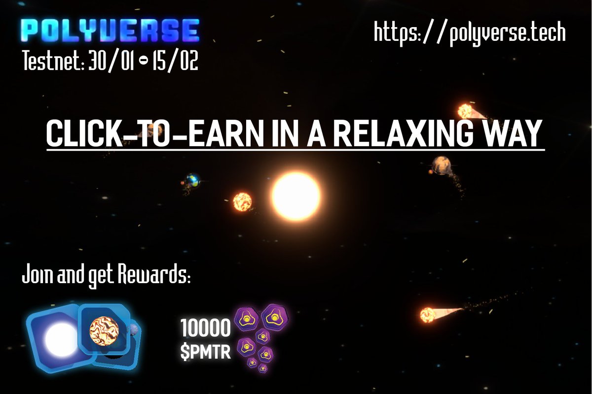Polyverse_xxx's tweet photo. 1 click for the stars and planets to generate profits for you
Join early to get rare nft rewards
https://t.co/6vQYmUOO3P
#NFT #NFTGiveaway #nftgame #BlockchainGaming #PlayToEarn #PolyverseNFT $PMTR https://t.co/usIQ2RKeuh