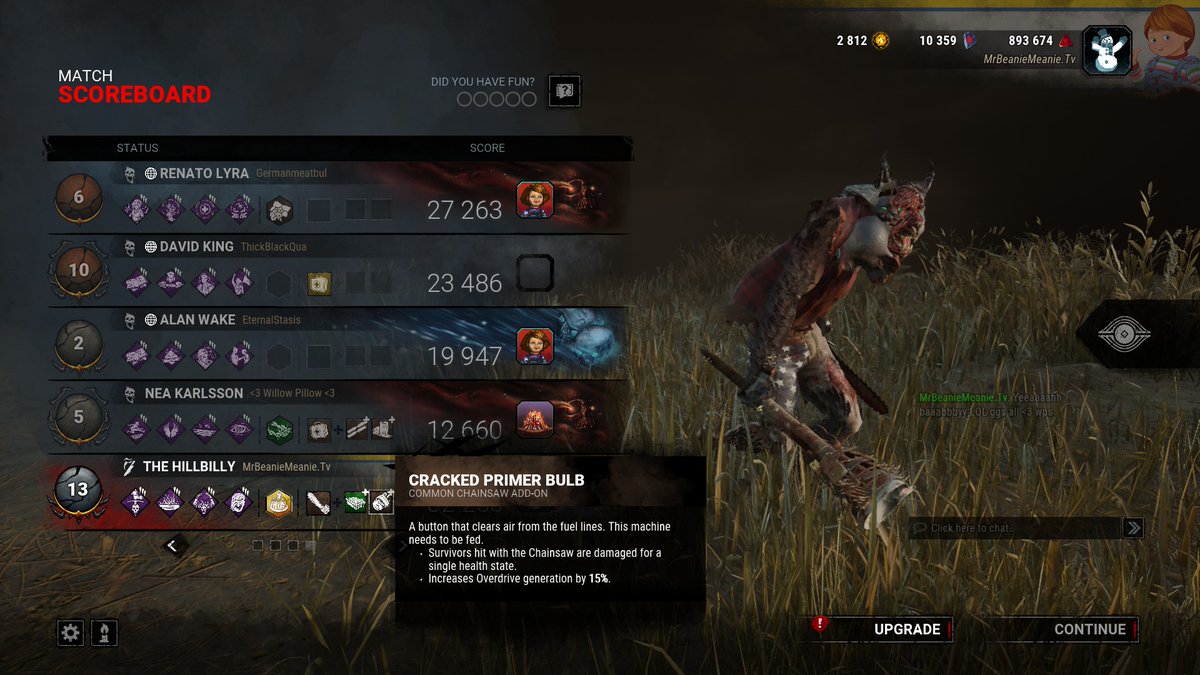 MrBeanieMeanie's tweet photo. First Billy game after the buff! Did a 2 hit chainsaw wombo combo and got a funny 4k from bloodwarden LOL #dbd #billy #dbdbilly #vtuber #meme #bloodwarden https://t.co/WiWBqBZPak