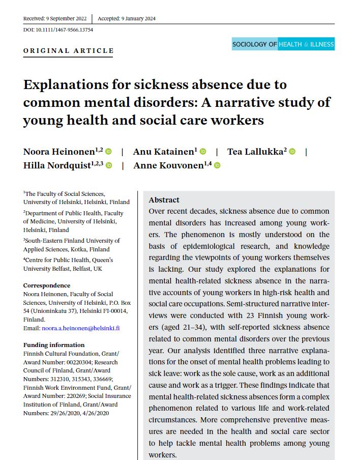 We found that the development of mental health problems in #healthcare and #socialcare workers is complex; constructed in multiple areas of life. However, the role of poor working conditions is highlighted. onlinelibrary.wiley.com/doi/10.1111/14… @noor4heinonen @TeaLallukka @CoE_AgeCare