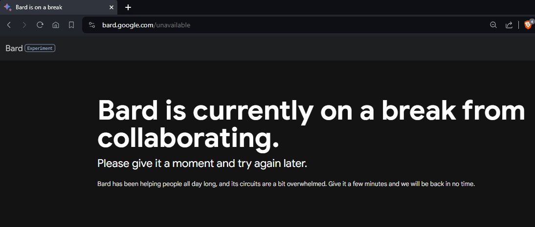 thinkArev's tweet image. &quot;Looks like Google Bard is taking a break today, probably to recover from all the factual errors and bad SEO advice it&apos;s been giving out lately. Don&apos;t worry Bard, we all need a break sometimes! #AIhumor #GoogleBard #ChatbotFail @GoogleAI