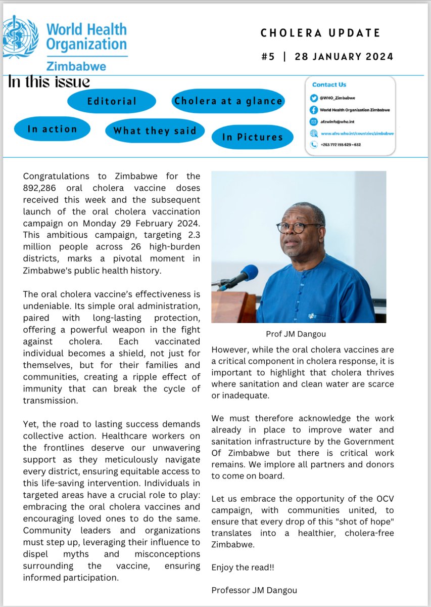 WHO Zimbabwe (@who_zimbabwe) on Twitter photo In this latest issue, <a href="/CWGH1/">CWGH-Zimbabwe</a> Executive Director <a href="/Itairusike/">Itai Josh Rusike</a> highlights the need for multi-sectoral coordination to combat cholera, as Zimbabwe launches the oral cholera vaccination campaign, targeting 2.3 million people across 26 districts.
Read More: bit.ly/3vPVEUI In this latest issue, <a href="/CWGH1/">CWGH-Zimbabwe</a> Executive Director <a href="/Itairusike/">Itai Josh Rusike</a> highlights the need for multi-sectoral coordination to combat cholera, as Zimbabwe launches the oral cholera vaccination campaign, targeting 2.3 million people across 26 districts.
Read More: bit.ly/3vPVEUI