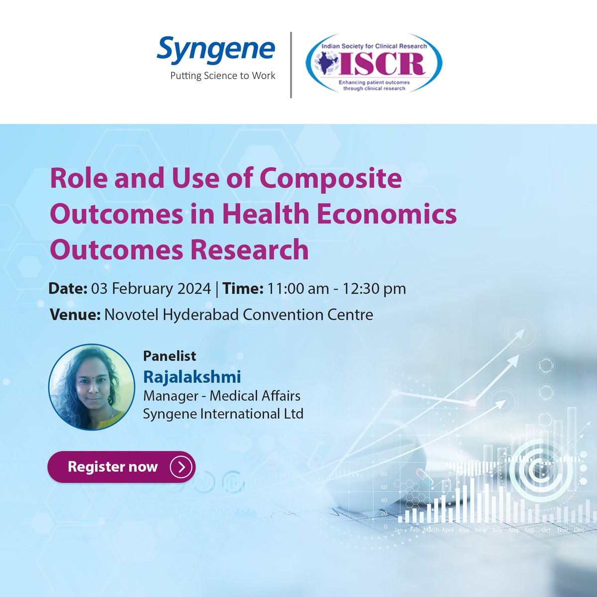 SyngeneIntl's tweet image. Do not miss the panel discussion on ‘Role and Use of Composite Outcomes in #HealthEconomics Outcomes Research’ at the 17th #ISCR Annual Conference 2024 on 3rd February 2024. Rajalakshmi, our #MedicalAffairs Manager, will be on the panelist.

Meet us👉 pulse.ly/hfy3ltmsmx