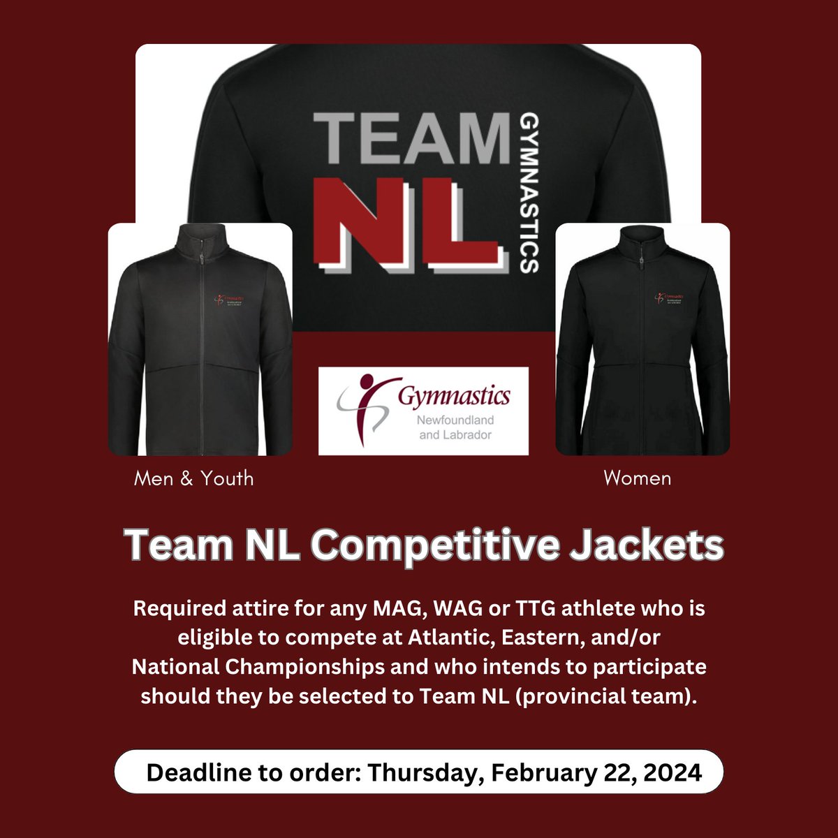 The wait is OVER … #TeamNL Competitive Jackets are now available for order!! Get yours on our website before Feb 22. Please note that this jacket is required for any MAG, WAG or TTG athlete who meets the criteria outlined above. 

Don't wait- order now at gymnasticsnl.uplifterinc.com/pages/gnl-merc…
