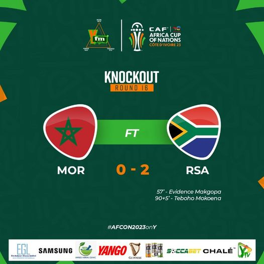 y1025fm's tweet photo. 10-man Morocco was eliminated from the Africa Cup of Nations at the Round of 16 last night, but South Africa pulled off a stunning shock, defeating the continent's top-ranked team 2-0 in a smash-and-grab match in San Pedro
#AFCON2023 #AFCON2023onY #MORRSA https://t.co/nKLXOimEyU