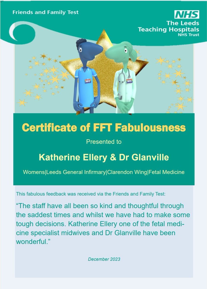 SarahT_RM's tweet photo. Delighted to have been  able to hand these FFT certificates out yesterday. Amazing staff doing amazing things in maternity outpatients - I'm very proud! 💞 @PatientExpLTHT @leedsmaternity https://t.co/otNgKnQSbg