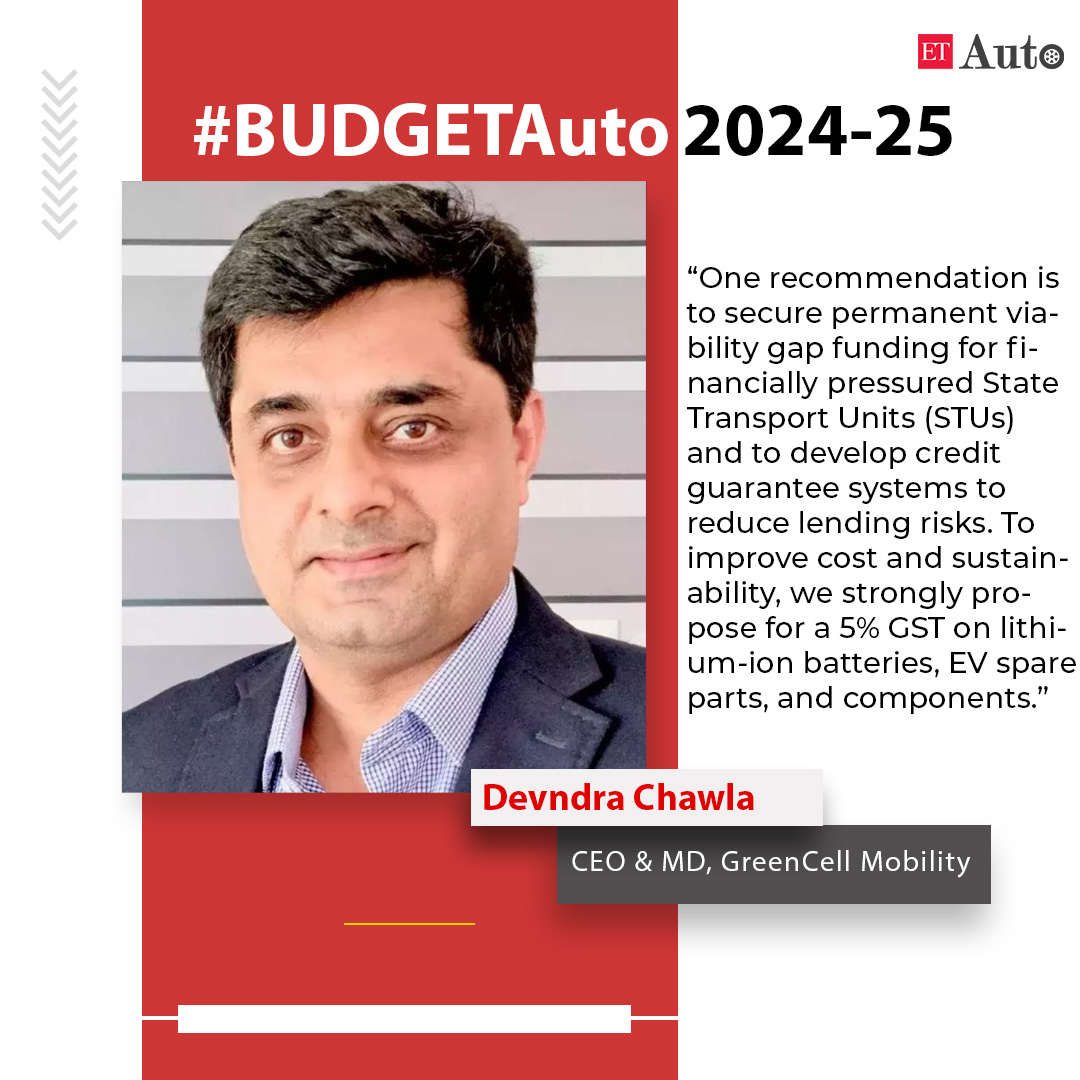 ETAuto's tweet photo. #BudgETAuto 2024-2025,#DevndraChawla, CEO & MD, @GreencellEV says“One recommendation is to secure permanent viability gap funding for financially pressured State Transport Units (STUs) and to develop credit guarantee systems to reduce lending risks."
#Budget2024 #ETAuto https://t.co/BOieHJEJfd