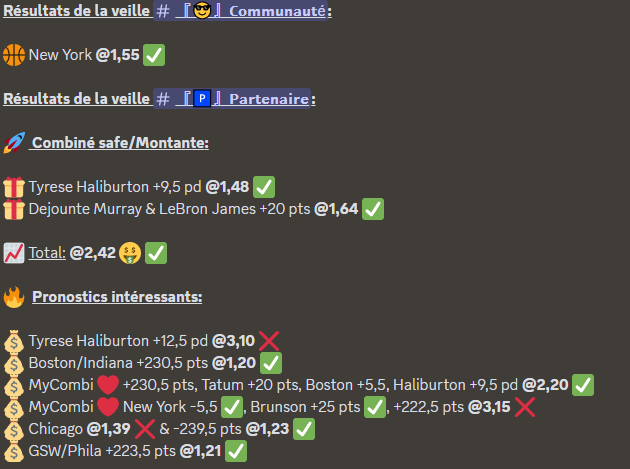 TheAnswer_NBA's tweet photo. Combiné Partenaire qui passe @ 2,42 ✅

New York comme prévu qui passe large @ 1,55 ⭐️

Analyse de la carte de ce soir en cours 🧑‍🍳

Discord pour nous suivre dans la bio ❤️

#TeamParieur #Pronos https://t.co/Uelua1VARK