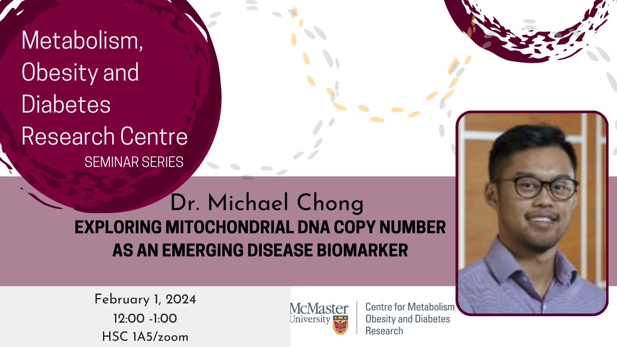 We're excited for tmrw's MODR seminar with @chongm88 . His talk will explore mitochondrial DNA copy number (mtDNA-CN), its measurement, factors influencing it, and its predictive/prognostic value in disease contexts. 🔗…bolism-research.healthsci.mcmaster.ca/events/modr-se… #ResearchSeminar #Bioinformatics